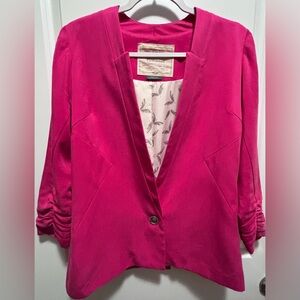 Anthropologie Cartonnier Notched Draper Hot Pink Tencel Blazer ruched sleeves